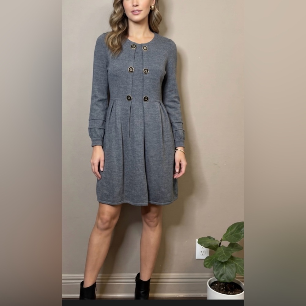 Design History 100% Merino Wool Knit Dress Gray Size M Pleated Puff Sleeve